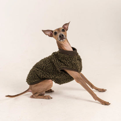 Italian Greyhound & Whippet sherpa vest, olive green – dog clothing | Kis olasz agár & whippet sherpa mellény, olívazöld – kutyaruha | Hound Theory