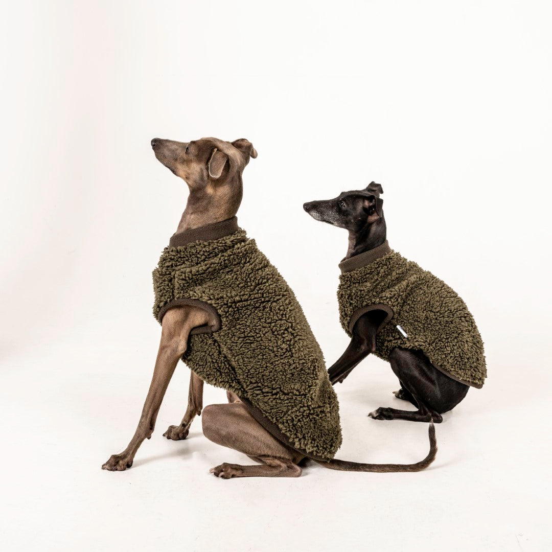 Italian Greyhound & Whippet sherpa vest, olive green – dog clothing | Kis olasz agár & whippet sherpa mellény, olívazöld – kutyaruha | Hound Theory