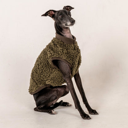 Italian Greyhound & Whippet sherpa vest, olive green – dog clothing | Kis olasz agár & whippet sherpa mellény, olívazöld – kutyaruha | Hound Theory